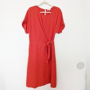 &. Layered Tangerine Faux Wrap Tie Front linen blend Midi Dress Modest Medium